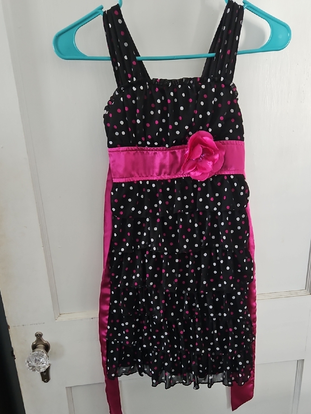 Sequin Hearts Black Dress with Hot Pink Polka Dots and Satin Waist